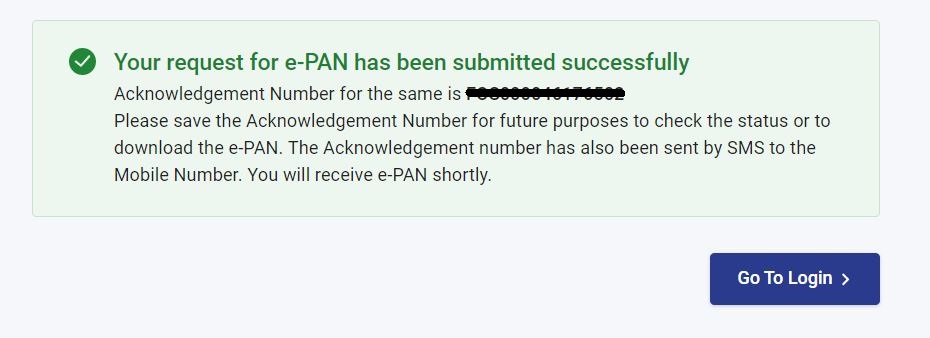 Acknowledgement Number for e PAN